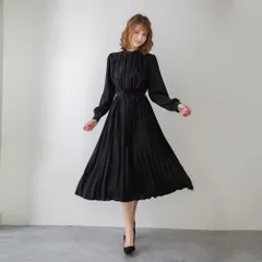 ☆ ブラック ☆ Mサイズ ☆ ロング ワンピース シャツ風 シフォン 長袖 gdress4137 ワンピース 長袖 プリーツ レディース ロング ワンピ シフォン プリーツドレス プリーツスカート スカート 上品 ウエスト リボン かわいい おしゃれ 薄手