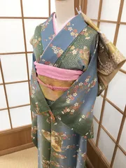 ≪花ラブリ≫振袖・袋帯セット　未使用　美品　振袖　帯　２点セット　４尺０寸　水色　みどり　ピンク　黄色　黄緑　グラデーション　金彩　蝶　桜　　Mサイズ　成人式　卒業式　お正月　結婚式　OFN103BG