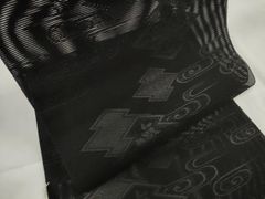 夏帯◇袋帯□流水波紋に鳥獣戯画文様□黒◇六通柄◇正絹着物◇FB5-8 