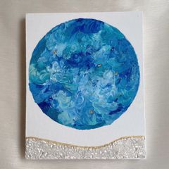 優しい光と波✴︎絵画　アクリル画　天然石　パネル　アート　作品　青　カラフル　ブルー　キラキラ　目立つ　可愛い　水色