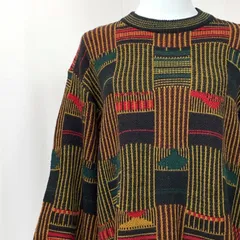 【RAZZANTI（ラッザンティ）】イタリア製 マルチカラー 総柄 ニット セーター Lサイズ ウール混 長袖 ヴィンテージ 幾何学模様 派手柄 ニット 古着 90s レトロデザイン ブラック マルチカラー made in Italy おしゃれ 個性派✨