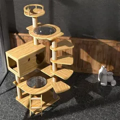 ★キャットタワー 透明宇宙船 頑丈 据え置き木製 麻紐 爪とぎボール 猫ベッド 大型 木目調　多頭飼い 据え置き型 爪とぎ 猫タワー 爪研ぎ 高さ135cm