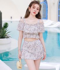 【韓国水着】セパレート　花柄　オフショル　水着　フリル　キュート　2点セット