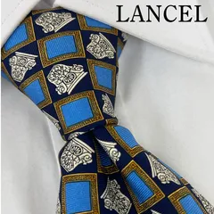 《美品》LANCEL(ランセル) シルクネクタイ 総柄 幾何学模様 壺 ネイビー ブルー