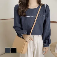 スクエアライン刺繍ブラウス レディース 10代 20代 30代 韓国ファッション カジュアル 春 秋 シンプル 可愛い バイカラー Tシャツ