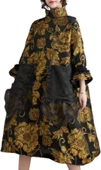 Lady Lazy レディレイジー モード系 5分袖 ハイネック ジャガード ワンピース 金 刺繍 ひざ丈 黒 ブラック(ブラック,  Free Size)