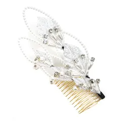 髪飾り コーム型 ラインストーン パール シルバー 白 下がり ゆらゆら キラキラ ラメ リーフ 葉 小さい かんざし かわいい 粋 No.9-3436