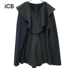 良品　ICB アイシービー　ハイゲージポンチ ラッフルカラープルオーバー トップス シャツ　異素材ドッキング　 ブラウス　フリルカラー 黒