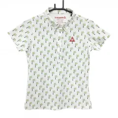 ルコック 半袖ポロシャツ 白×グリーン ヤシの木柄 ロゴ刺しゅう レディース M ゴルフウェア le coq sportif