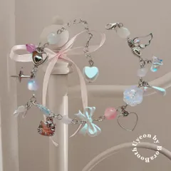 ビーズブレスレット　リボン　Y2K フェアリーグランジ　羽　星　個性的