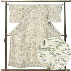 小紋 身丈154cm 裄63cm 前幅25cm 後幅28.5cm 袖丈45cm 袖幅32.5cm レディース 袷 風景画 裄Mサイズ 秋冬春用 正絹（シルク）グレー 美品 リメイク リユース リサイクル【呉服のきくや】
