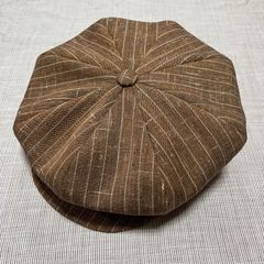 ハンドメイド　ビッグキャスケット　ヴィンテージ生地使用　ブラウン　ストライプ　リネン混　サイズオーダー　男女兼用　ココナッツ