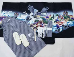 七五三 五歳 男児 着物 羽織袴フルセット 綸子地 縞袴 黒地 鷹 5歳 五才 5才 男の子 お仕立て無料 祝着 NO40388