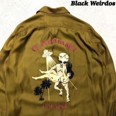 Black Weirdos スーベニアシャツ クリーニング済 レーヨンシャツ アロハシャツ 刺繍 アブダクション 裾ポケット Mサイズ ロングスリーブ 長袖シャツ マスタード ゴールド ブラックウィドー ブラックウィドゥ
