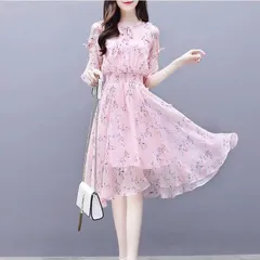 韓国風　トレンド　小花柄　キャンディースリーブ　シフォン　ギャザー　ワンピース ブルー・ピンク