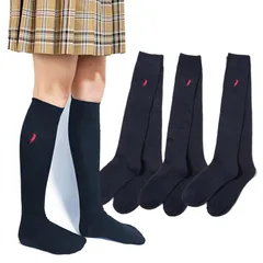 【特価セール】[WESTERNPOLOTEXAS] 3足組 学生用 靴下 レディース ハイソックス 22-24cm 35cm丈 ワンポイント 刺繍 リブ編み 無地 黒 紺 ブラック ネイビー 靴下 スクール 通学 学生