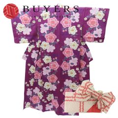 【中古】 浴衣 セット 作り帯 ポリエステル 綿 紫 ホワイト 半巾帯 リボン 桜柄 和装 呉服 和服 きもの レディース 女性