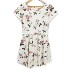 ダズリン dazzlin フレアワンピース ミニ丈 半袖 ラウンドネック 切替 花柄 マルチカラー S アイボリー 白 ホワイト /FF3
