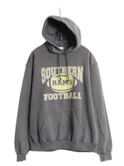 【お得なクーポン配布中!】 チャンピオン 3段 フットボール プリント スウェット パーカー メンズ レディース L 古着 ワンポイント プルオーバー トレーナー 裏起毛 灰