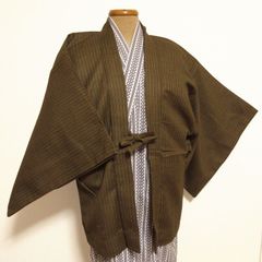 新品 日本製 茶羽織 二重織 ウール55% 羽織 旅館 ホテル 黄茶 縦縞柄