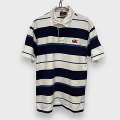☆CANTERBURY☆カンタベリー☆ボーダー柄半袖ラガーシャツ☆半袖ポロシャツ☆ワンポイントロゴ☆ホワイト☆ネイビー☆L☆E24M