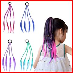 【フォロー割】ヘアエクステ 三つ編み 編み込み グラデーションカラー ウィッグ 4枚入 キッズ 髪 カラフル 髪の毛 付け髪 ワンタッチ キッズ YOVOY ダンス 発表会 フェス ハロウィン コスチューム (ピンク、緑、紫、青、４枚)