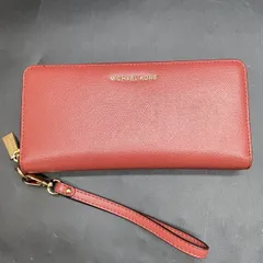 Z282 マイケルコース ストラップ付 ラウンドファスナー 長財布 レディースウォレット オレンジレッド 美品
