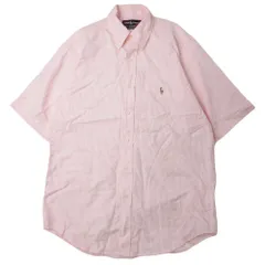 良品 RALPH LAUREN ラルフローレン ストライプ ボタンダウンシャツ オックスフォードシャツ カットソー 半袖 ポニーロゴ M ピンク メンズ 古着 中古 USED