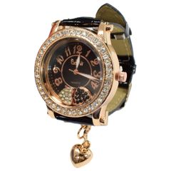 ダブルハートムーブクリスタル腕時計 ピンクゴールド×ブラック ラインストーン ハートチャーム レディース 腕時計