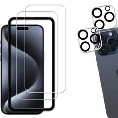 【2+2枚セット】ガイド枠付き KPNS 日本素材製 強化ガラス iPhone15 Pro 用 ガラスフィルム カメラフィルム カバー 保護フィルム