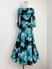 爽やか】新品 社交ダンス セットアップ 花柄 ブラック×グリーン b662