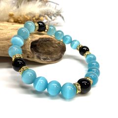 キャッツアイ(ライトブルー)×オニキス パワーストーン ブレスレット  (ゴールド) メンズ・レディース　男性・女性　数珠ブレス 開運 [23]