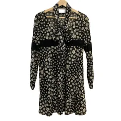 INGEBORG(インゲボルグ) ワンピース サイズ9 M レディース - 黒×アイボリー 長袖/ひざ丈/花柄/シースルー