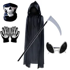 [MIMIA] 死神 コスプレ 5点 セット ハロウィン マント フェイスマスク 手袋 かま サングラス セット お化け 屋敷 衣装 大人用 コスチューム 男女兼用 肝試し 