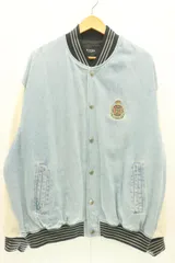 【中古】 BEAMS HEART メンズスタジャン M デニム エンブレム スタジャン BEAMS HEART M 白 ホワイト 紺 ネイビー 水色 アクアブルー 刺繍