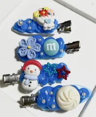 ホイップデコ ヘアピン 前髪クリップ ブルー 4点セット 雪だるま 中華まん 花