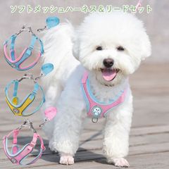☆コンビカラー☆ソフトメッシュハーネス＆リードセット　小型犬 中型犬用 ペット用 犬具　パステルカラー　胴輪　犬ハーネス　簡単装着　PAA0060
