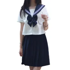 ホワイト_L [FAVORABLE SCENERY] セーラー服 レディース 半袖 シャツ スカート 上下セット 前開き コスプレ JK 制服 コスチューム 白 ネイビー 高校生