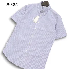 【新品 未使用】 UNIQLO ユニクロ 春夏★ ドライ イージーケア 半袖 ストライプ ボタンダウン シャツ Sz.L メンズ 青 ブルー