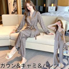 ルームウェア レディース 3点セット パジャマ ガウン ナイトガウン 春 夏 秋 春夏 キャミ キャミソール セットアップ 上下セット 部屋着 長袖 上下セットアップ パジャマ ナイトウェア 寝巻き かわいい おしゃれ シンプル 楽ちん a7-6