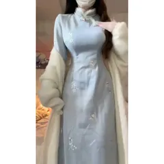 新品未使用 2024年秋冬新作 ブルー刺繍ロングワンピース 改良型チャイナドレス 裏起毛 厚手 長袖 高品質エレガントデザイン 日常・宴会に最適のサムネイル