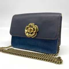 COACH コーチ ショルダーバッグ 斜め掛け チェーン フラワー金具 花 デニム レザー ネイビー ブラック