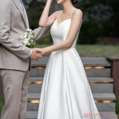 二次会 花嫁 白 ワンピース ウエディングドレスマキシ丈 結婚式 ドレス サテン シンプル キャミソールタイプ パールストラップ エレガント 前撮り 披露宴 ロング丈 0622