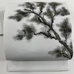 名古屋帯 優品 樹木 金彩 白 化繊 【中古】