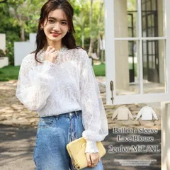 バルーンスリーブレースブラウス ハイネック ブラウス 花柄 レース 刺繍 ノーカラー シースルー ボリューム袖 バルーンスリーブ 可愛い