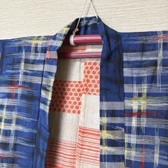 き641【夏羽織 紺地×カラフル抽象格子柄 レトロモダン 裏地幾何学模様 昭和アンティーク】