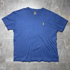 【90s】POLO RALPH LAUREN  Tシャツ  シングルステッチ  M size  ブルー  青  Ｖネック  ロゴ  黄色  ポロ ラルフローレン  古着