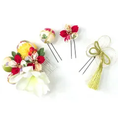 髪飾り ４点セット 赤 白 つまみ細工 水引 成人式 花 桜 和風 浴衣 着物 振袖 袴 ドレス 七五三 子供 結婚式 卒業式 入学式 髪留め ヘアアクセサリー ヘアコーム 送料無料 日本製 大きめ アカ W 73 324-297 u777　Si