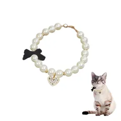 Sunny Glow ペット 首輪 フェイクパール ネックレス 猫 小型犬用 リボン チェック柄 ハート チャーム付き ラインストーン 調節可能 アクセサリー (ブラックXS) 