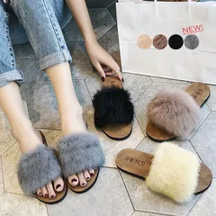 ファーサンダル レディースサンダル ミュール ぺたんこ スリッパ 韓国 ファーミュール/ファースリッパ/ファー付 モコモコ 99MOXC-003